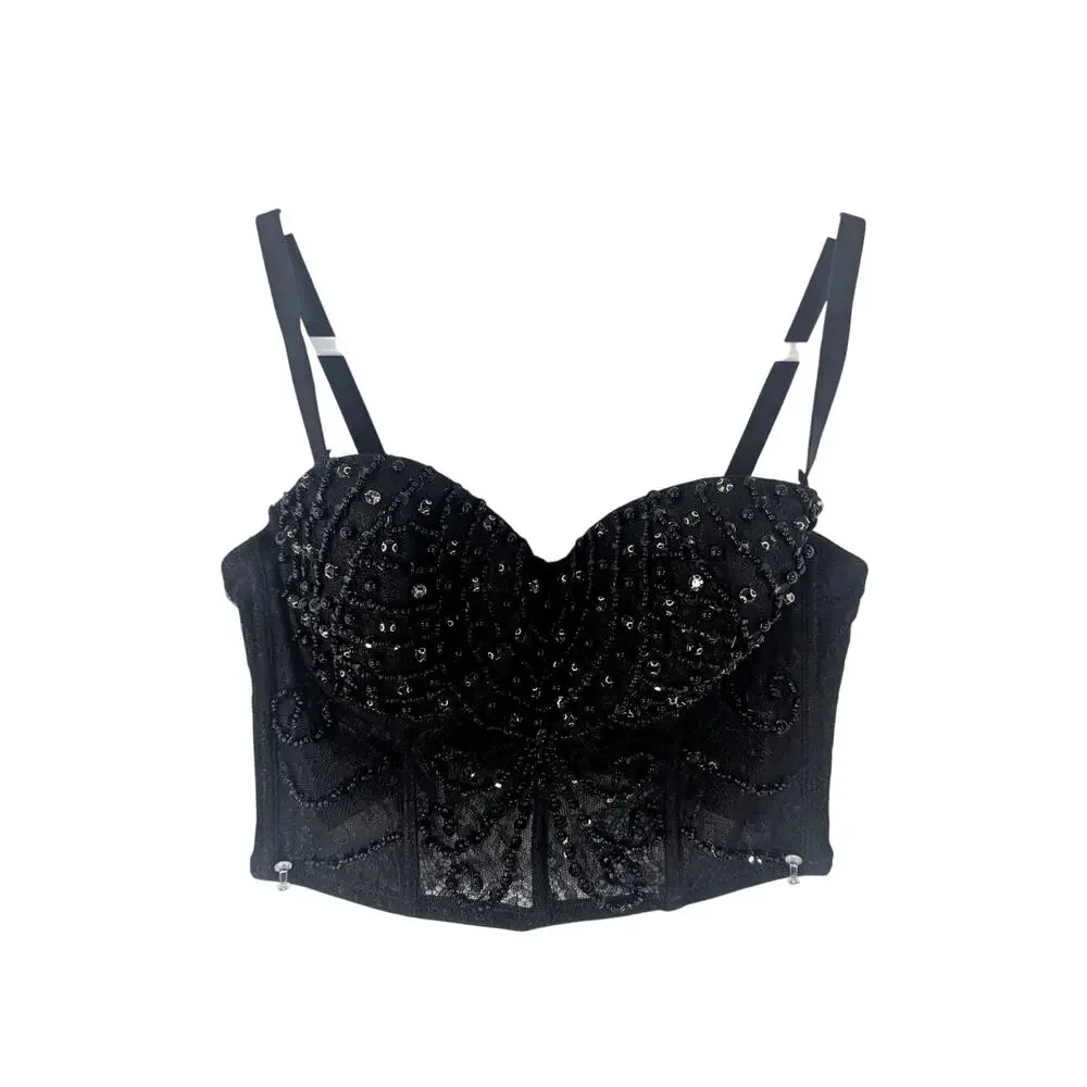 WINDSOR! DAZZLING BLACK BEAD, RHINESTONE & SEQUIN BUSTIER BRA TOP! SIZE XS